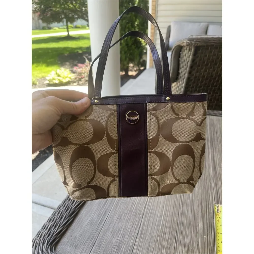 Coach Signature Stripe Satchel With Patent Leather Trim Handbag Purple F25771